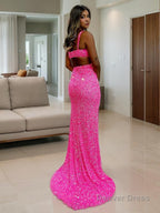 Sheath Column V Neck Sweep Train Velvet Sequins Prom Dresses With Leg Slit