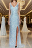 Sheath Column V Neck Sweep Train Velvet Sequins Prom Dresses With Leg Slit