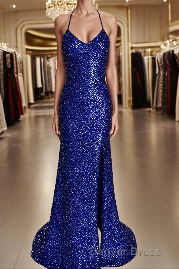 Sheath Column V Neck Sweep Train Velvet Sequins Prom Dresses With Leg Slit Main image