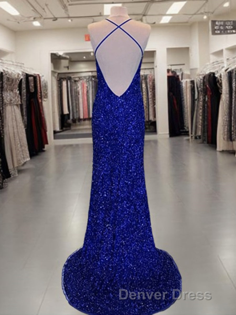 Sheath Column V Neck Sweep Train Velvet Sequins Prom Dresses With Leg Slit