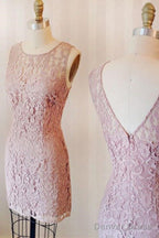 Sheath Crew Knee Length Pink Lace Homecoming Dresses