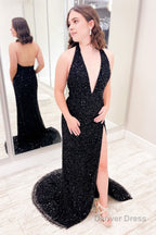 Sheath Deep V Neck Green Sequins Long Prom Dresses with Split Front