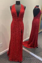 Sheath Deep V Neck Green Sequins Long Prom Dresses with Split Front