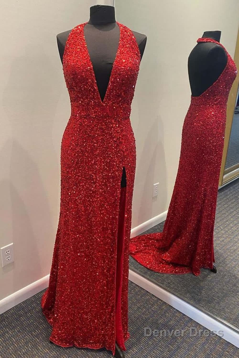 Sheath Deep V Neck Green Sequins Long Prom Dresses with Split Front