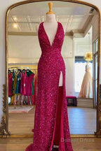 Sheath Deep V Neck Green Sequins Long Prom Dresses with Split Front