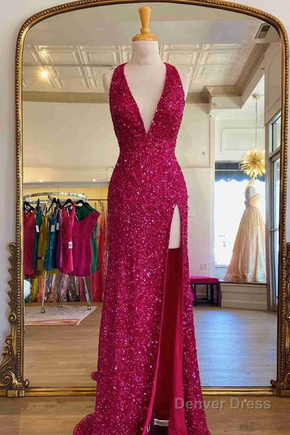 Sheath Deep V Neck Green Sequins Long Prom Dresses with Split Front