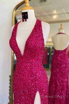 Sheath Deep V Neck Green Sequins Long Prom Dresses with Split Front