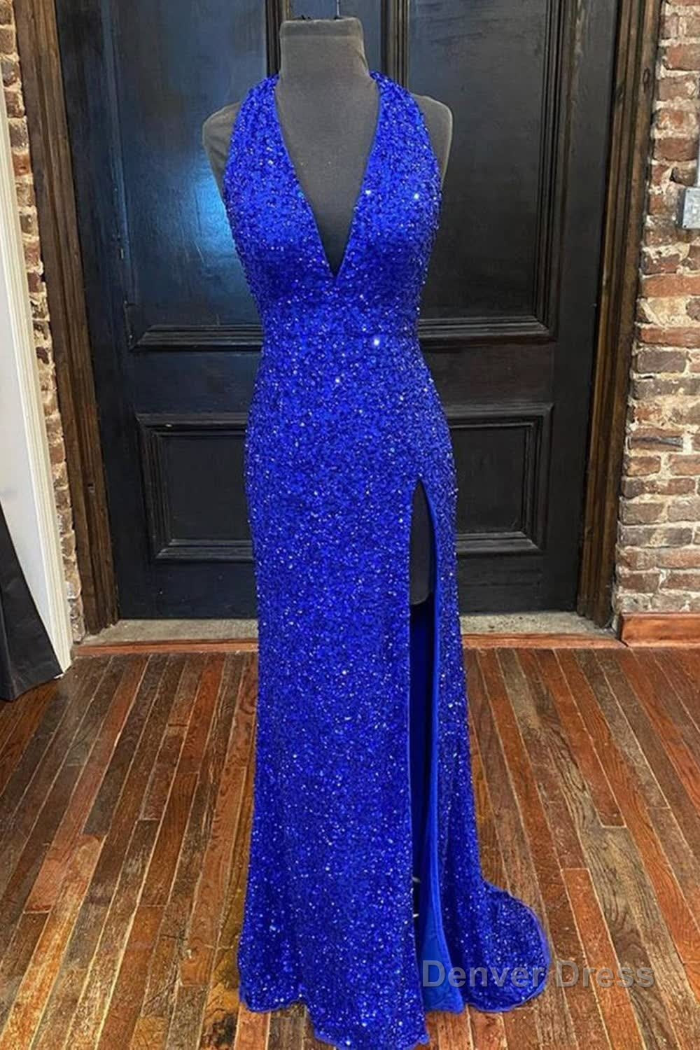 Sheath Deep V Neck Green Sequins Long Prom Dresses with Split Front