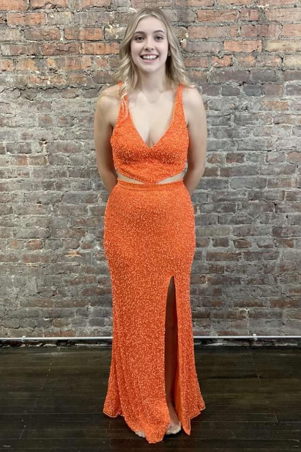 sheath deep v neck orange sequins backless long prom dress
