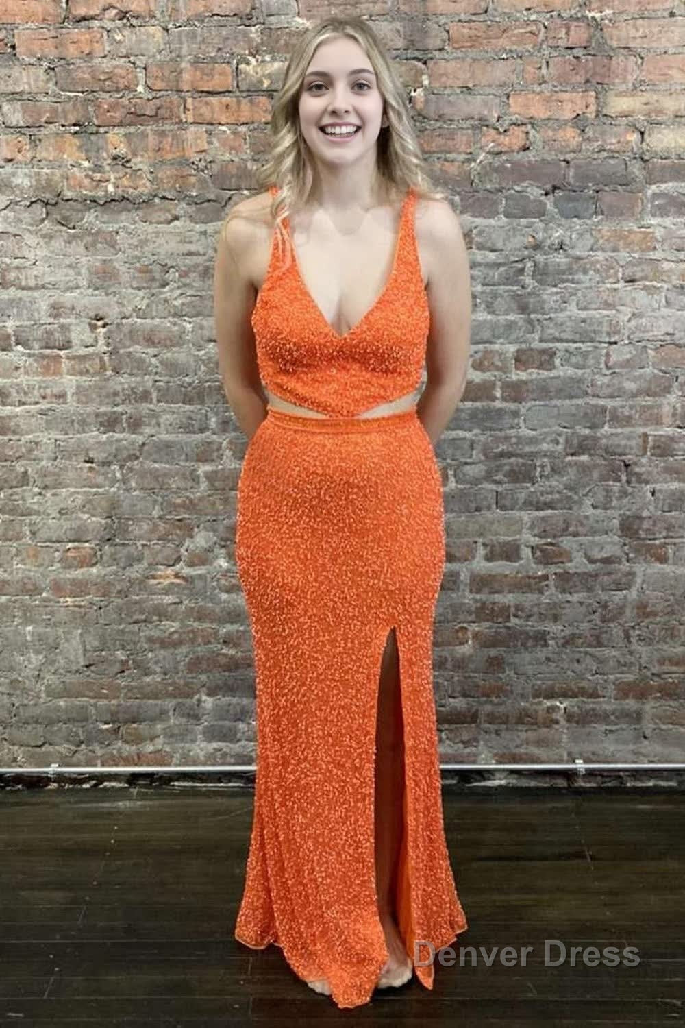Sheath Deep V Neck Orange Sequins Backless Long Prom Dresses Main image