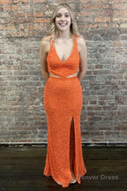 Sheath Deep V Neck Orange Sequins Backless Long Prom Dresses