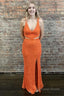 Sheath Deep V Neck Orange Sequins Backless Long Prom Dresses