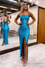 Sheath Halter Blue Sequins Prom Dresses with Silt