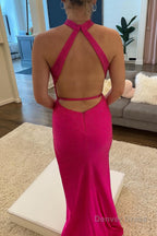 Sheath Halter Hot Pink Beading Long Prom Dresses with Open Back