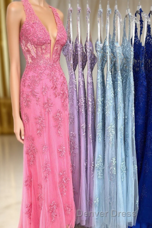 Sheath Halter Lace Tulle Prom Dresses with Appliques Main image