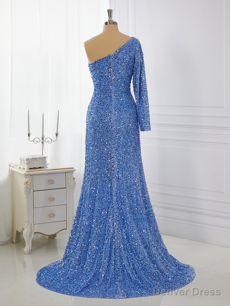 Sheath Long Sleeves Velvet Sequins One-Shoulder Sweep Train Dress