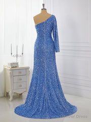 Sheath Long Sleeves Velvet Sequins One-Shoulder Sweep Train Dress