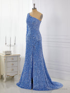 Sheath Long Sleeves Velvet Sequins One-Shoulder Sweep Train Dress