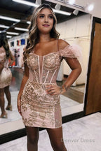 Sheath Off-Shoulder Feathers Appliques Lace-Up Homecoming Dress