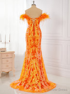 Sheath Off The Shoulder Feather Sweep Train Dresses