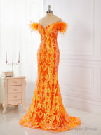 Sheath Off The Shoulder Feather Sweep Train Dresses