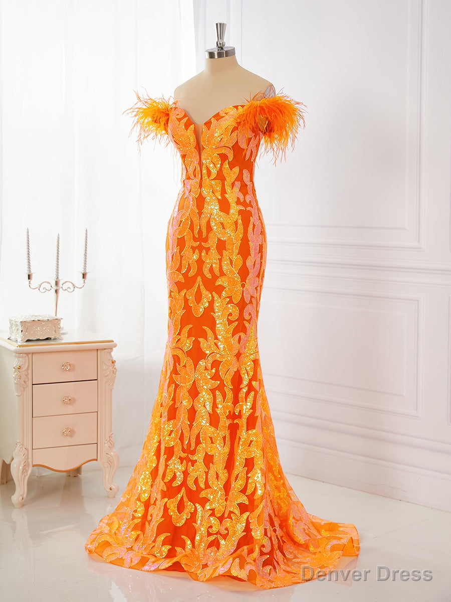 Sheath Off The Shoulder Feather Sweep Train Dresses