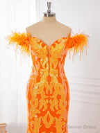 Sheath Off The Shoulder Feather Sweep Train Dresses