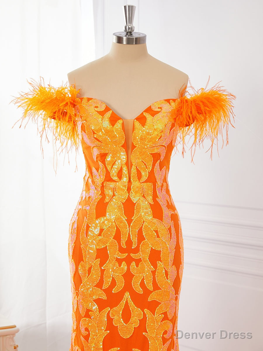 Sheath Off The Shoulder Feather Sweep Train Dresses