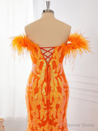 Sheath Off The Shoulder Feather Sweep Train Dresses