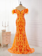 Sheath Off The Shoulder Feather Sweep Train Dresses