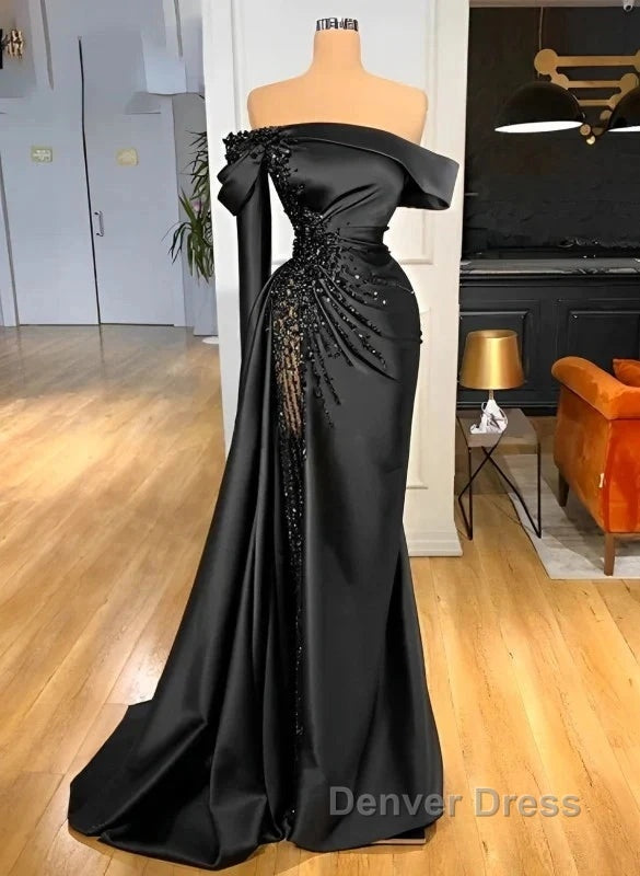Sheath Off-The-Shoulder Long Sleeves Satin/Sequined Prom Dresses