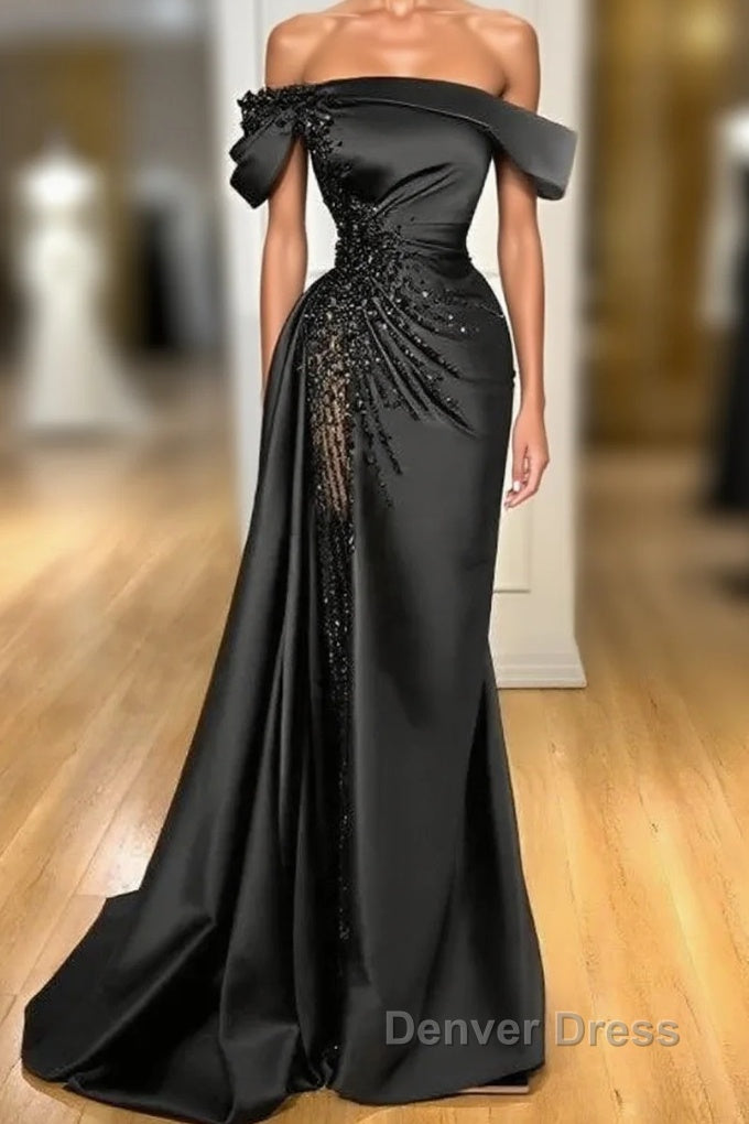 Sheath Off-The-Shoulder Long Sleeves Satin/Sequined Prom Dresses