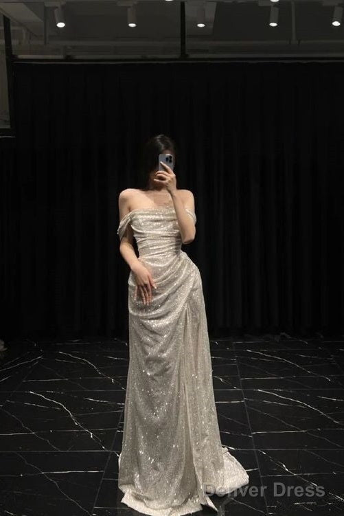 Sheath Off The Shoulder Sequin Long Prom Dresses Slit Formal Dress