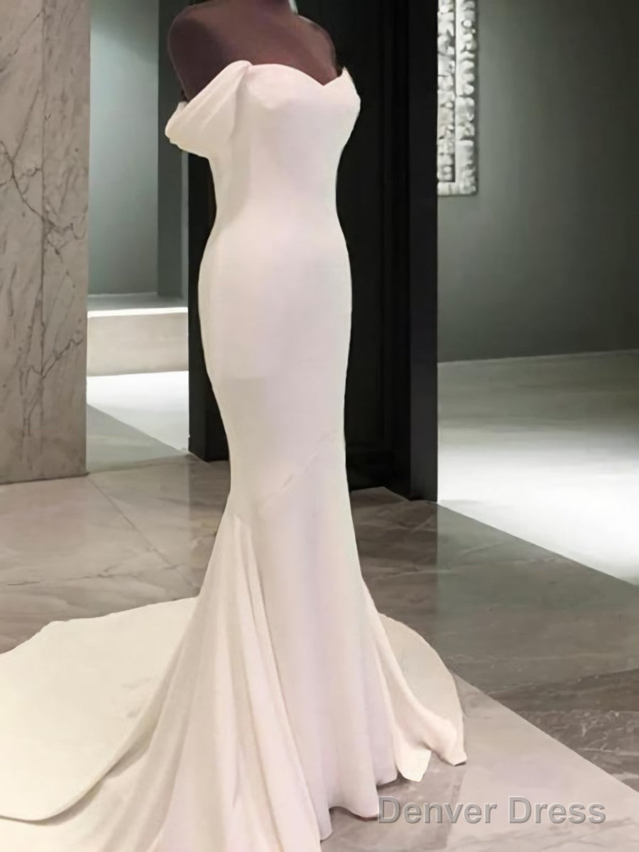 Sheath Off-The-Shoulder Short Sleeves Court Train Jersey Wedding Dresses