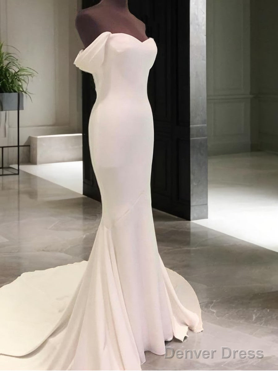 Sheath Off-The-Shoulder Short Sleeves Court Train Jersey Wedding Dresses