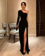Sheath One Shoulder Black Elastic Satin Prom Dress, Split Black Prom Dressess