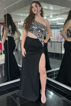 Sheath One Shoulder Cut Mirror Sequins Prom Dresses
