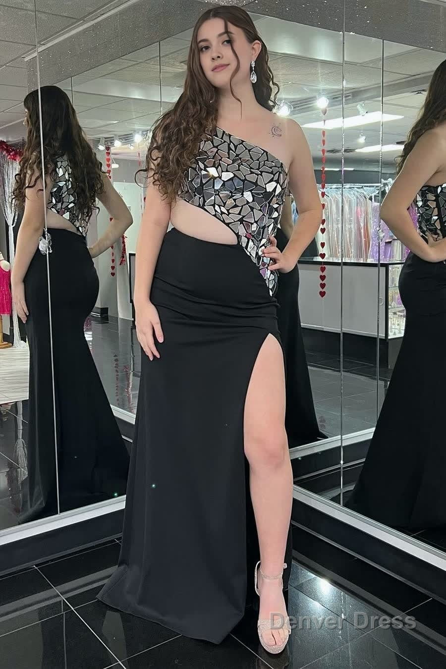 Sheath One Shoulder Cut Mirror Sequins Prom Dresses
