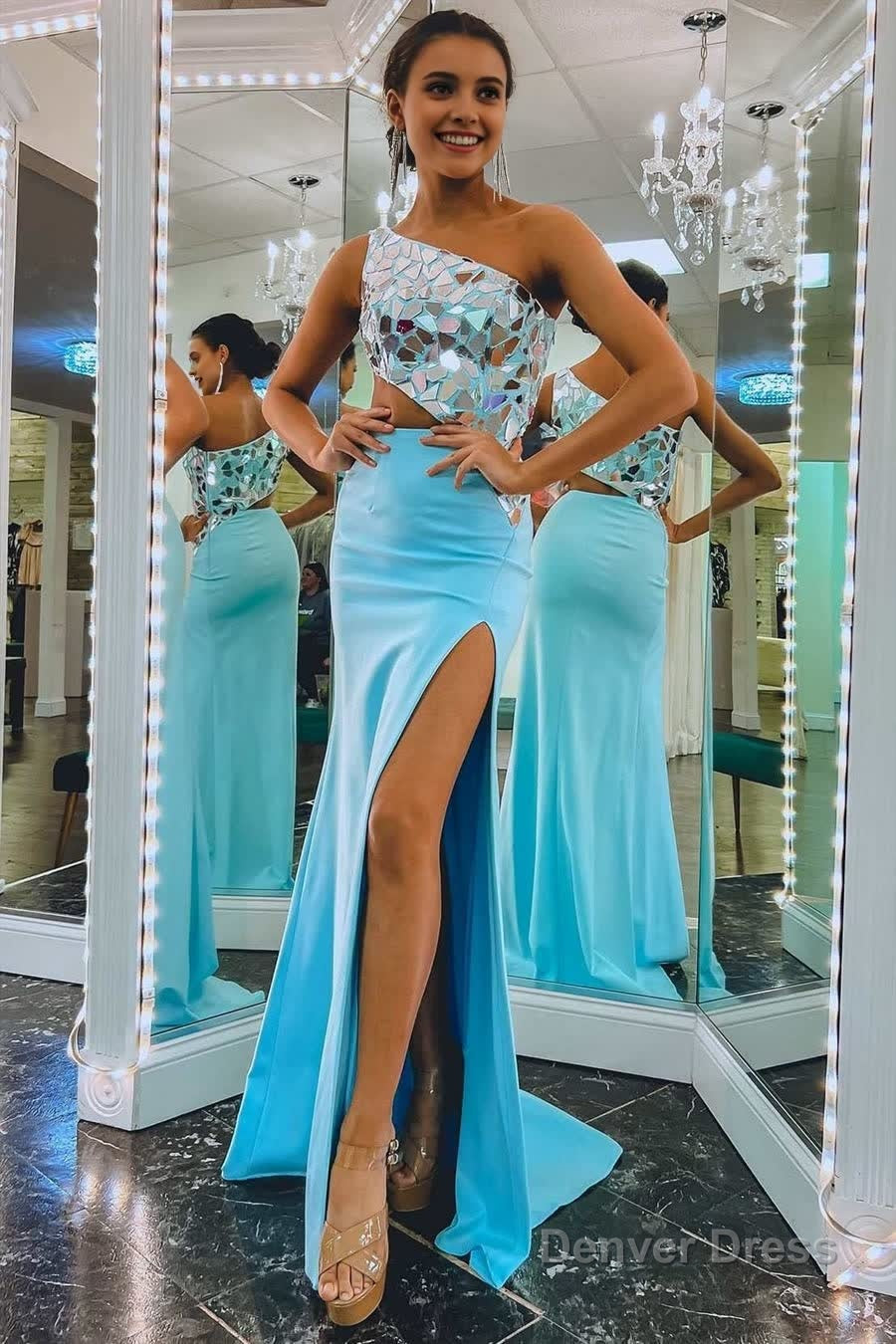 Sheath One Shoulder Cut Mirror Sequins Prom Dresses