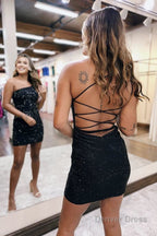 Sheath One Shoulder Lace Up Tight Beaded Homecoming Dresses