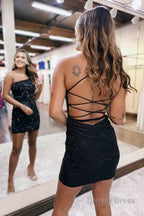 Sheath One Shoulder Lace Up Tight Beaded Homecoming Dress