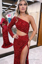 Sheath One Shoulder Red Sequins Long Prom Dresses with Silt