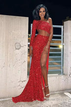 Sheath One Shoulder Red Sequins Long Prom Dresses with Silt