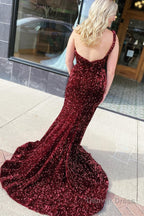 Sheath One Shoulder Red Sequins Prom Dresses with Slit