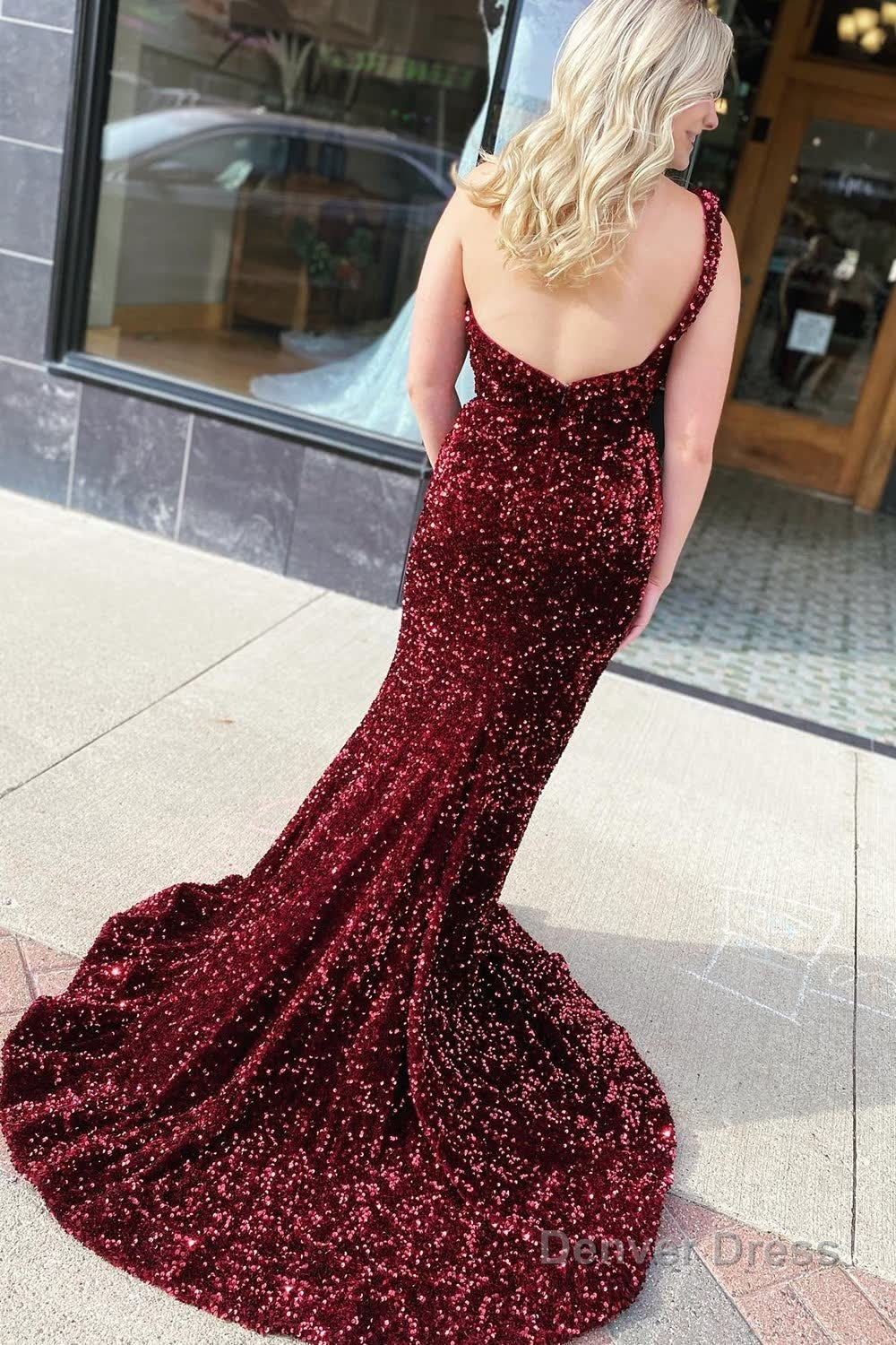 Sheath One Shoulder Red Sequins Prom Dresses with Slit