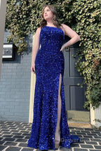 Sheath One Shoulder Red Sequins Prom Dresses with Slit