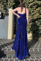 Sheath One Shoulder Red Sequins Prom Dresses with Slit