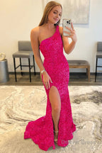 Sheath One Shoulder Red Sequins Prom Dresses with Slit