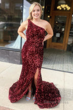 Sheath One Shoulder Red Sequins Prom Dresses with Slit