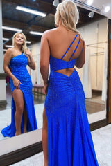 sheath one shoulder royal blue long prom dress with beading